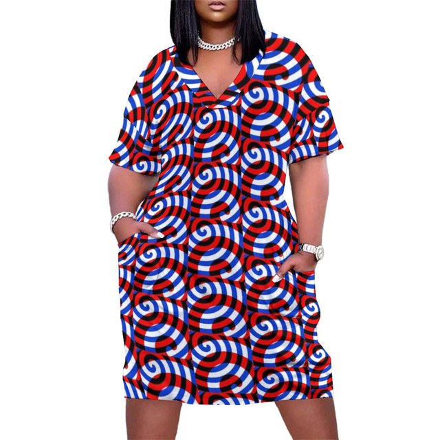 Vestido de verano holgado con bolsillos en espiral rojo y azul sobre blanco para mujer, vestido de noche.