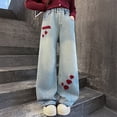 thumbnail image 2 of Generic Tween Girls Jeans Wide Leg Baggy Loose Denim Pants Heart Embroidery Y2K Elastic Waist Trousers Kids Streetwear Dance Washed, 2 of 5