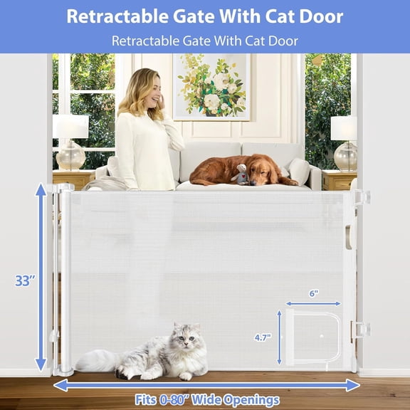 Retractable Gate with Door 80" Wide Mesh Dog Gate for Indoor Outdoor Use