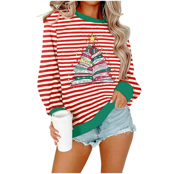 Lorytime Womens Christmas Sweatshirts Star Stripes Print Shirt Crew Neck Long Sleeve Pullover Drop Shoulder Tops