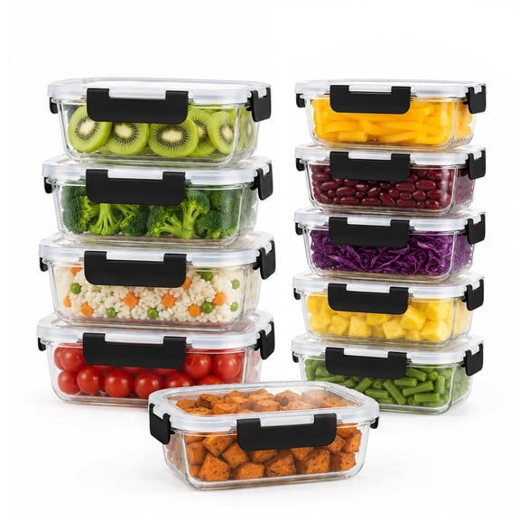 Glass Meal Prep Containers 10 Pack with Black Airtight Lids, Leakproof Borosilicate Glass Food Storage Containers