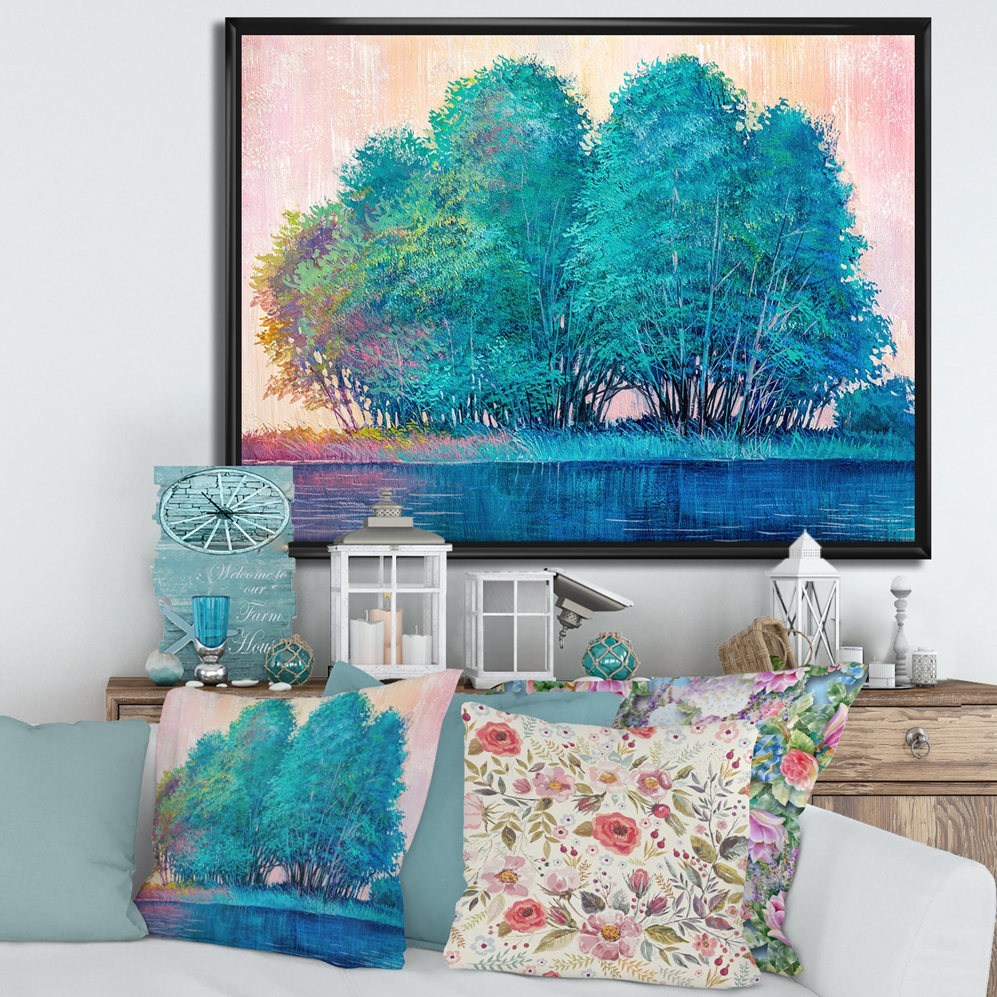 Designart 'Blue Coloured Tree Impression By Lakeside' Lake House Framed Canvas Wall Art Print