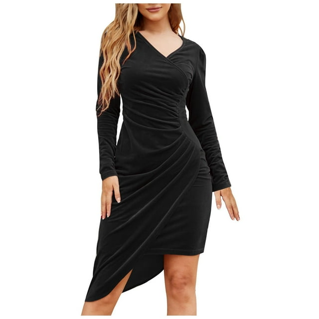 Robes Formelles pour Femmes à Manches Longues, Robe en Velours à Col en V, Ourlet Asymétrique, Coupe Ajustée, Aguichant et Élégante, Robe de Cocktail et de Bal