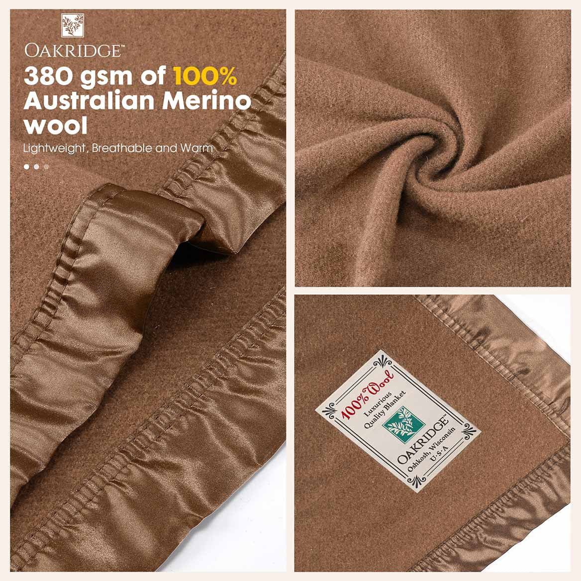 OakRidge Heirloom Merino Wool Blanket – 100% Australian Wool with Vintage Satin Edges – Breathable, Odor-Resistant, All-Season Bedding in Full/Queen Size – Tan Cozy Throw for Home or Travel
