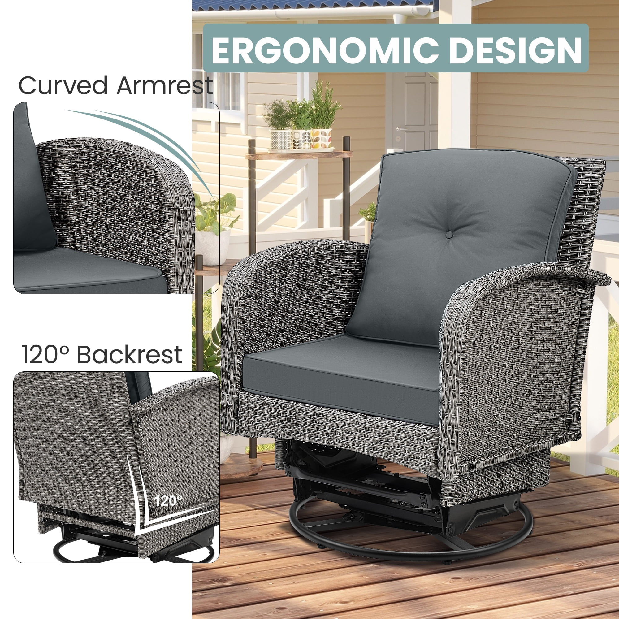 3pcs Patio Furniture Set on Sale, Rattan Outdoor Conversation Set of 2, Patio Bistro Set w/ 360° Swivel Rocking Chairs & Table, Gray Thickened Cushions