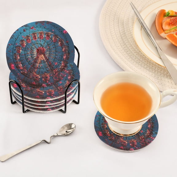 BZSMCE 6Pcs Drink Coasters With Holder 3.94Inch Roses Of Ferris Wheel Pattern Creative Coil Coaster Coasters Colors Absorbent Coasters for Drinks Coasters Set Thicken Heat for Home Table