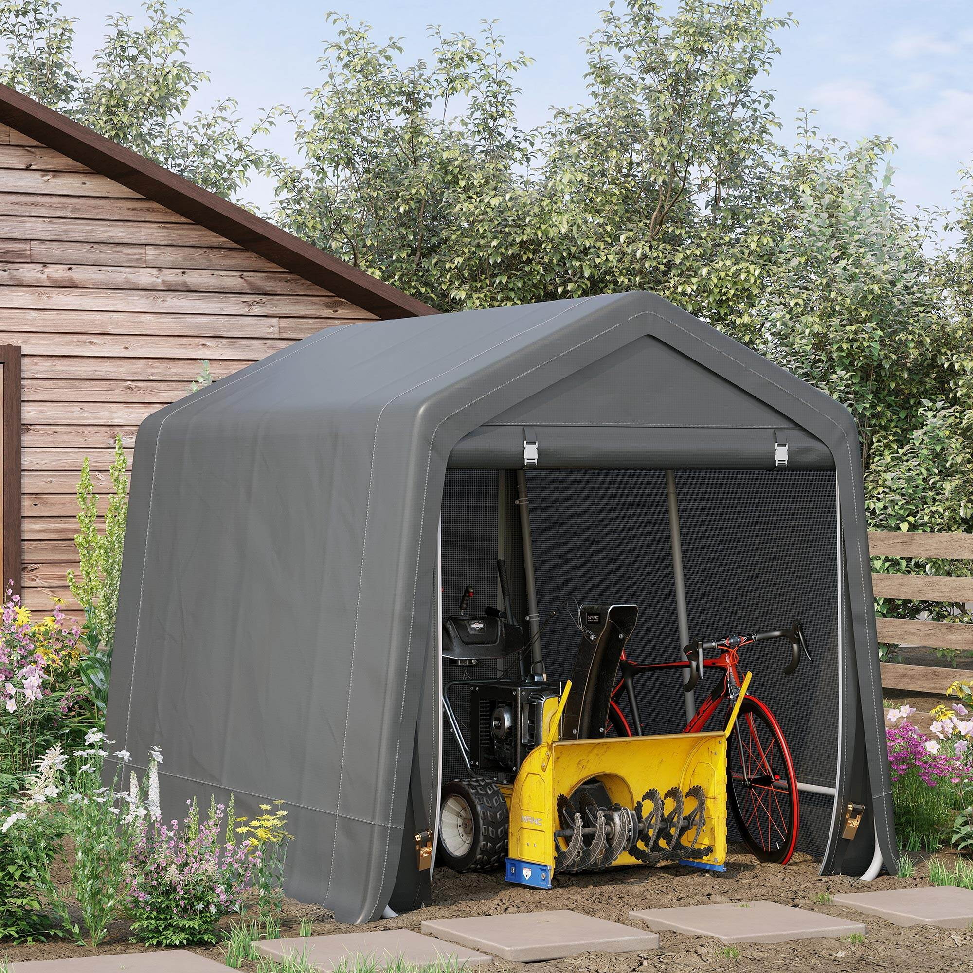 9' x 8' Portable Carport Garage, Heavy-Duty Dark Gray Storage Shelter with UV-Resistant Cover