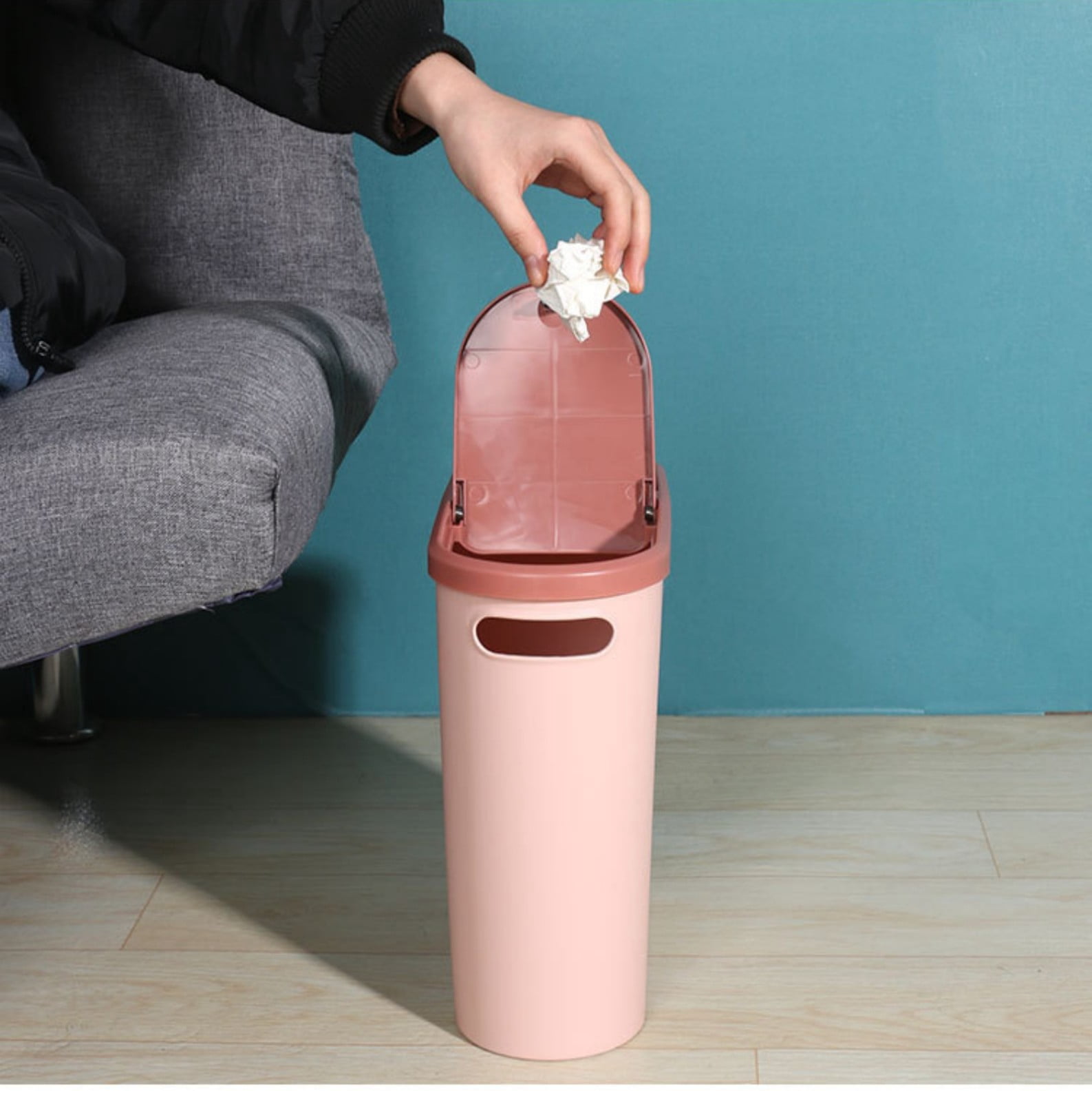 Small Bathroom Can with Lid, 2.6 Gallon / 10L Slim Garbage Bin with Pop-Up Top, Mini Waste Basket for Kitchen, Bedroom, Office, Laundry, or Toilet, Space-Saving Design