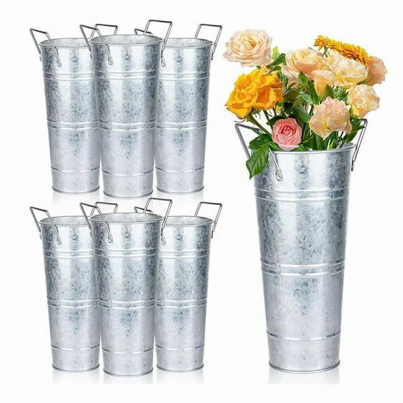 6 Pcs Galvanized Bucket Flower Bar,10 Inch Flower Bucket with Handles, Flower Bar Supplies and Buckets Farmhouse Vases
