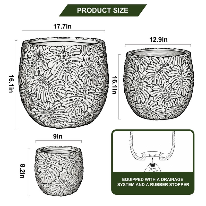 3-Piece Large Concrete Planter Set for Indoor & Outdoor Use - Round Garden Pots (18, 13, 9 Inch Dia) with Drainage Hole & Plug (SH002)