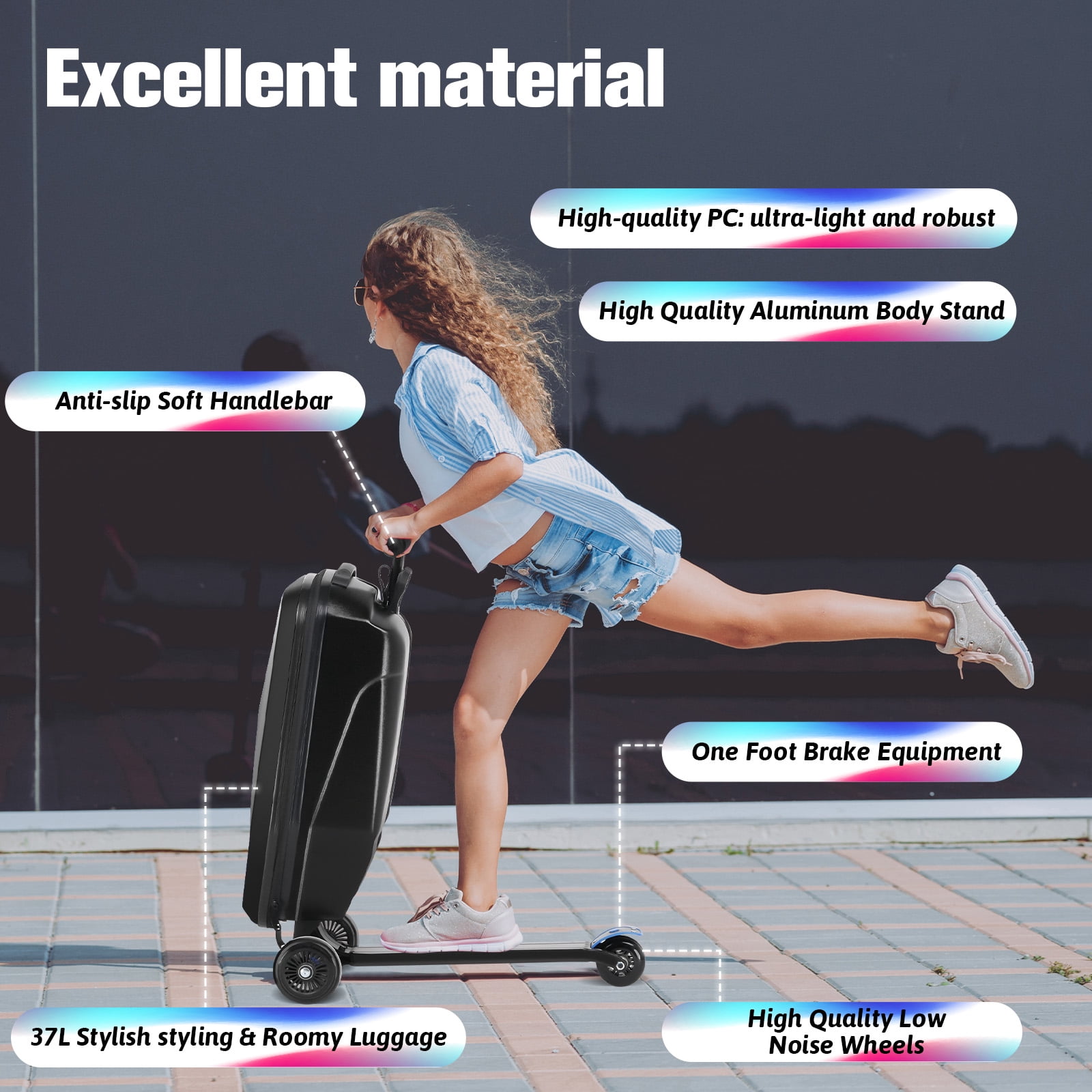 Advwin Scooter Luggage for Kids & Adults, Hardside Ride on Suitcase for Kids Ages 4-15 Multifunctional Lightweight Foldable Carry on Luggage with Wheels Ride on for Children Teenagers, Black