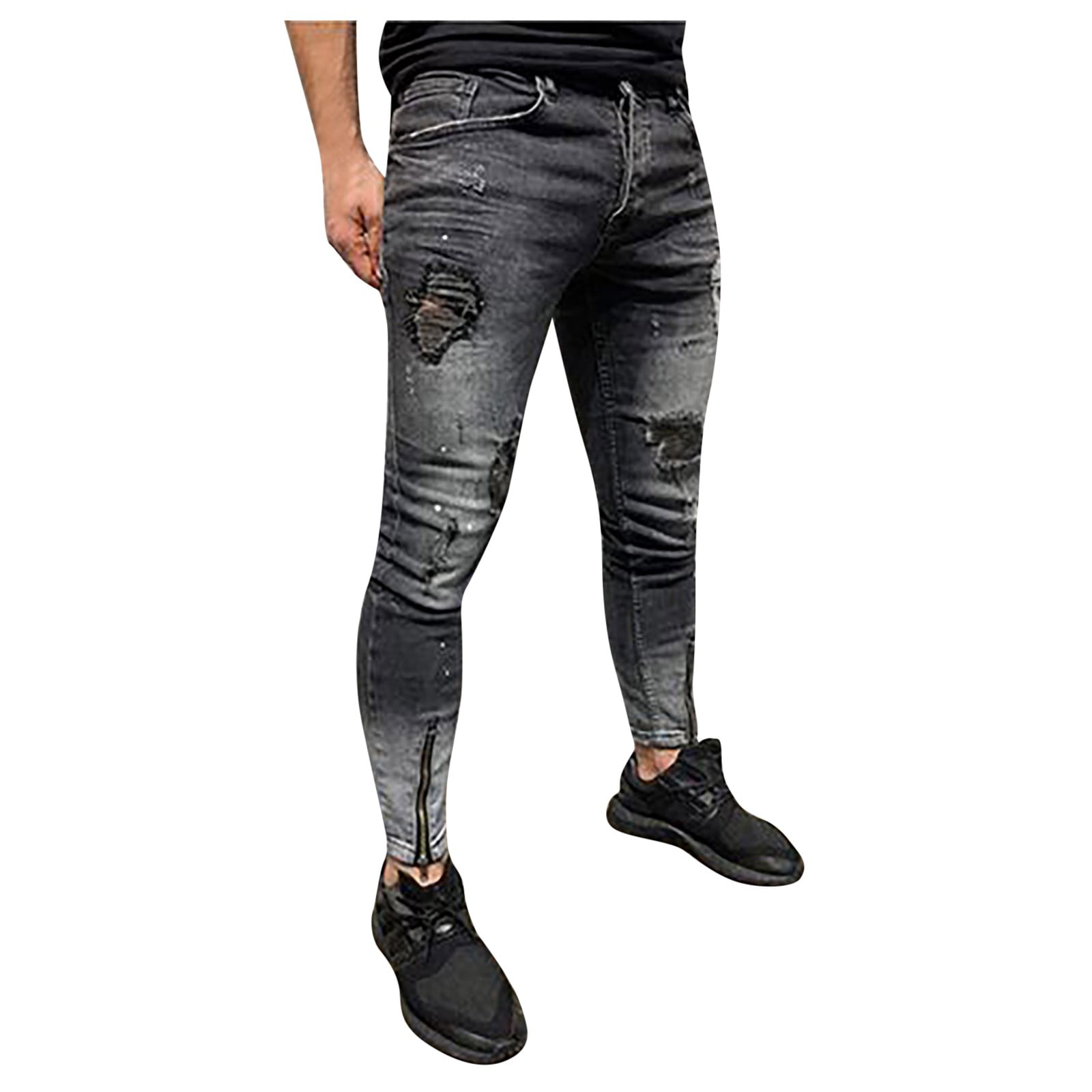 Men's Skinny Slim Fit Denim Pants Ripped Destroyed Jeans Zipper Design Trousers 