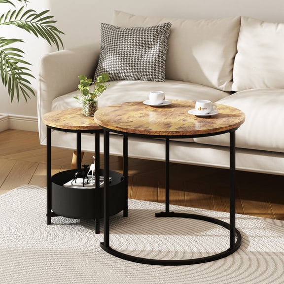 LENLN Set of 2 Round Coffee Tables With Storage Basket Sturdy Metal Frame Nesting Coffee Table Side Table for Living Room Balcony Office Modern Industrial Simple Nightstand