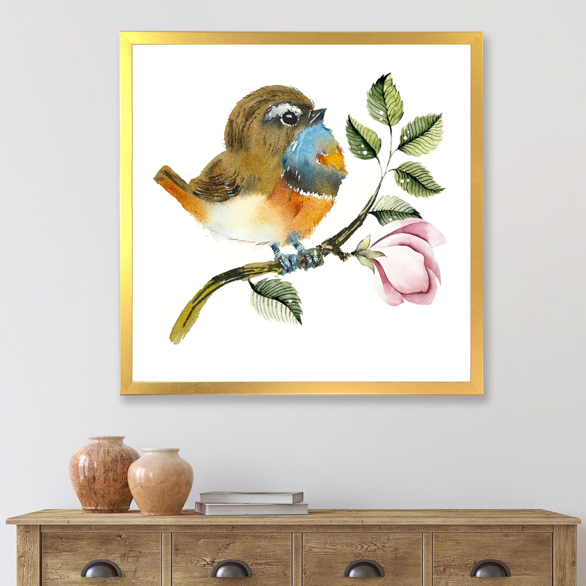 Designart 'Bluethroat Bird Sitting On A Branch' Traditional Framed Art Print
