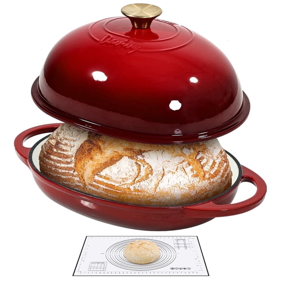 Davivy 6QT Oval Bread Dutch Oven with Silicone Baking Mat, Enameled Cast Iron Dutch Oven for Sourdough Bread Baking, Cast Iron Sourdough Bread Pan with Domed Lid, Red