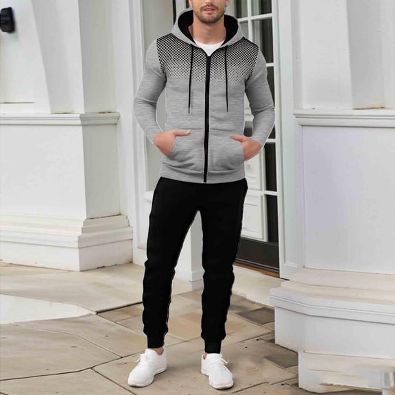 YueHuiYing Men's Casual Loose Printed Pocket Zipper Drawstring Long Pants Sweatshirt Long Sleeve Hooded Set