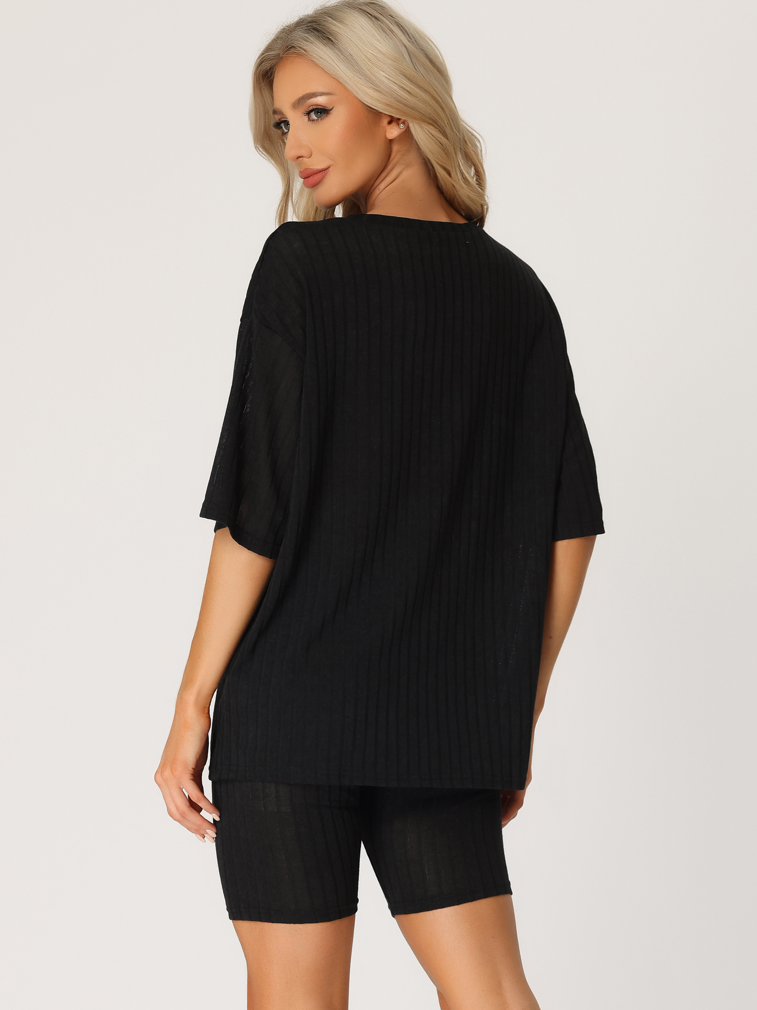 DARING DIVA Women's 2-Piece Knit Soft Tracksuit Short Sleeve Sweatshirt Set XL Black