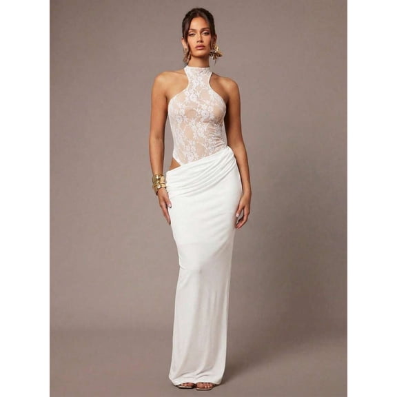 White Sleeveless High-Neck Lace Sheer Asymmetrical Maxi Dress For Women Elegant Evening Party Dress
