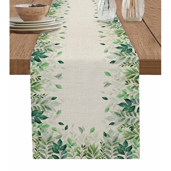 ERUNPONLY Green Leaf Table Runner - 70 Inch Long Fall Plant Country Vintage Watercolor Beige Cotton and Linen Blended Dress Scarves Farmhouse Table Runner for Kitchen Dining, Coffee Table, 13"x70"