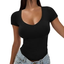 Mittory Womens Summer Sexy Cleavage Tops Short Sleeve Shirts Going Out Outfits Deep V Neck Basic Tees Streetwear Blouses
