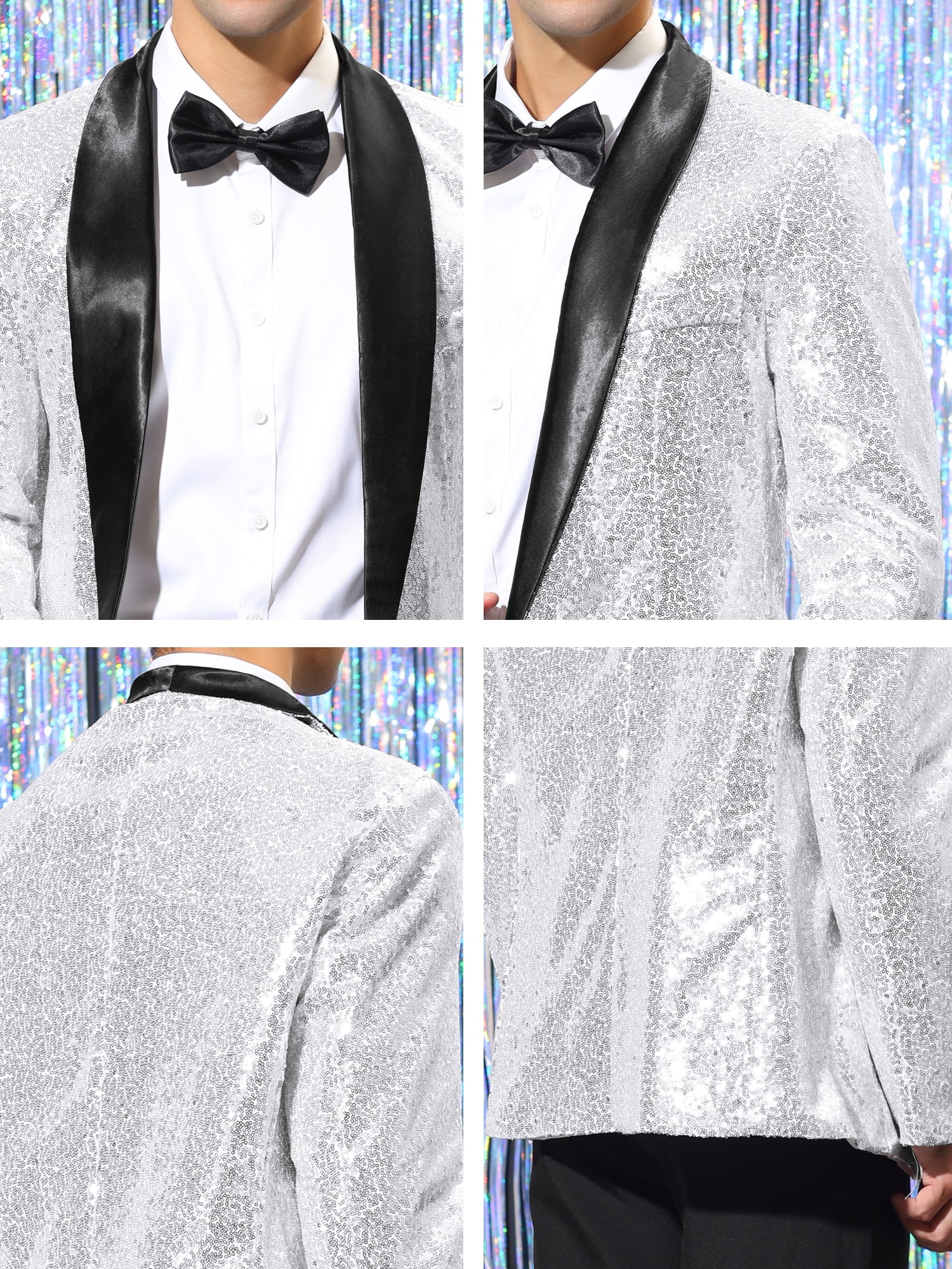 Unique Bargains Men's Sequin Sport Coats Shawl Lapel One Button Wedding Shiny Blazer L Silver