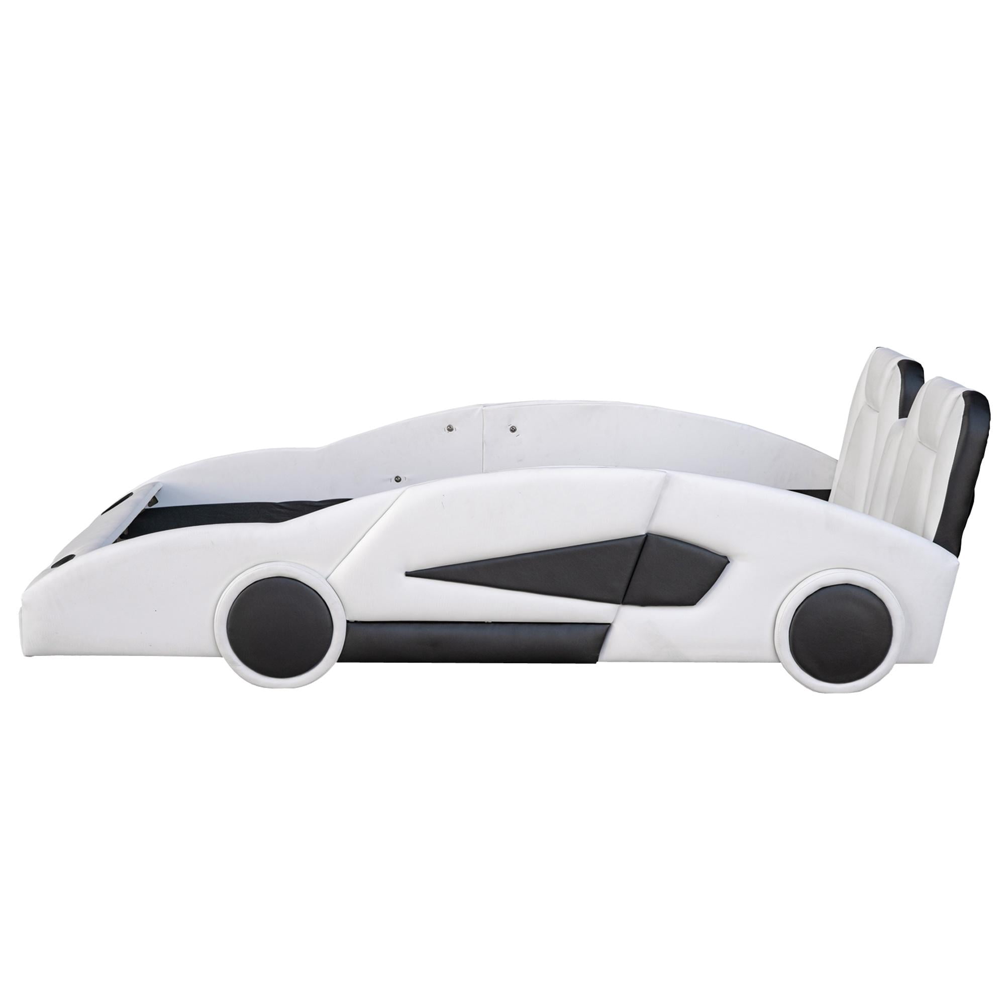 Bellemave Twin Size Race Car-Shaped Platform Bed with Wheels, Faux Leather Upholstered Boys Twin Race Car Bed,Twin Bed Frame with Slat Support（White)