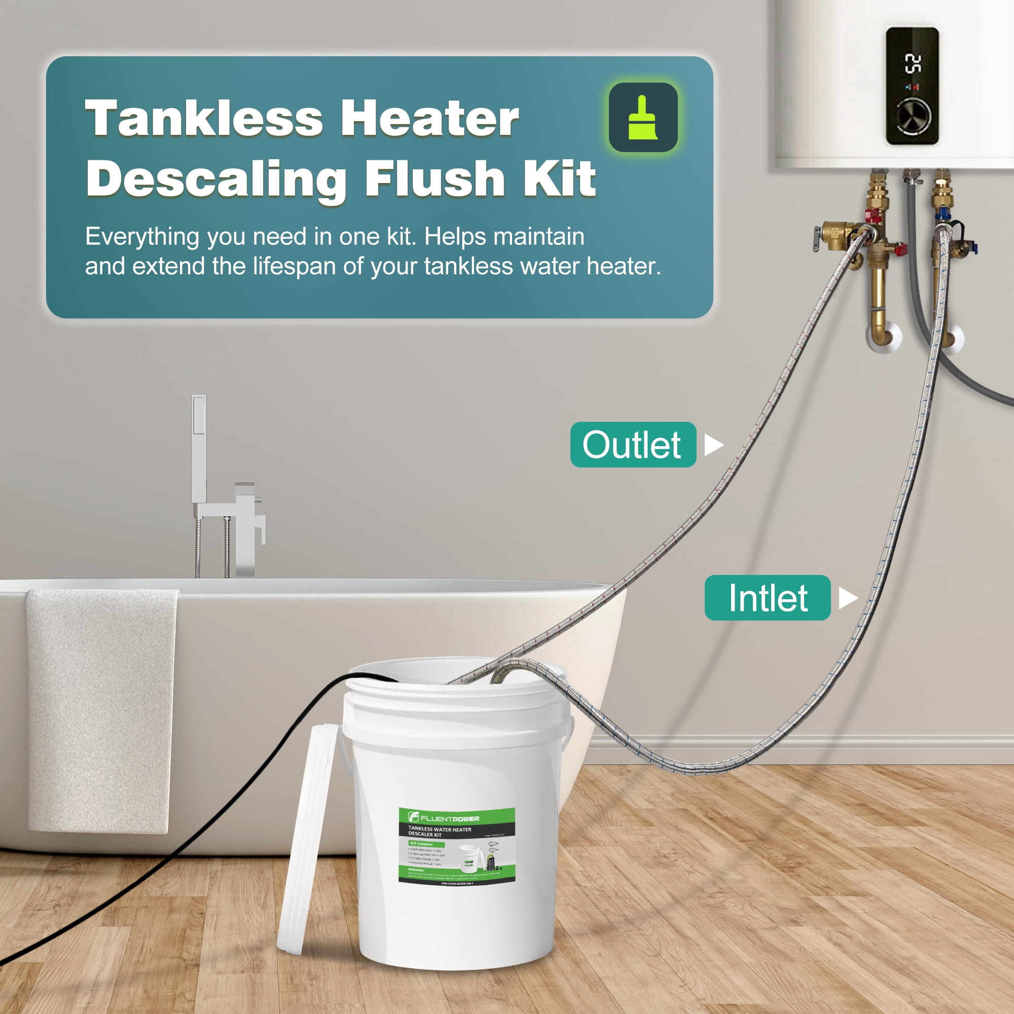 FLUENTPOWER Tankless Water Heater Descaling Flush Kit, Includes 1/2HP Submersible Utility Water Pump with Adapters, 5.3 Gallon Pail with Bucket Lid Opener, Two 3/4"GHT x 6' Stainless Steel Hoses