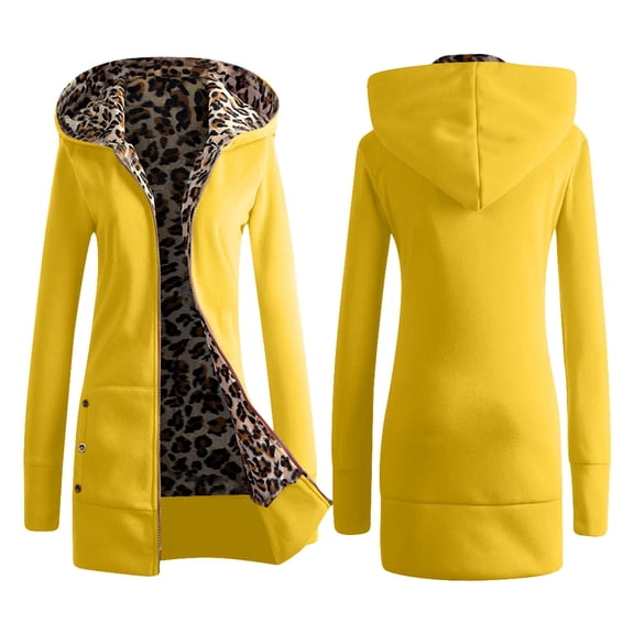 UJNDER Women's Leopard Print Hoodie Lined Casual Fashion Jacket for Women Cozy Outerwear Yellow XXL