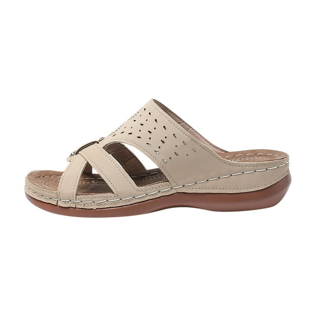 Wedge Sandals for Women Slide Cross Straps Rhinestone Arch Support Open Toe Soft Sole Comfortable Casual Summer Beach Walking Sandals Beige