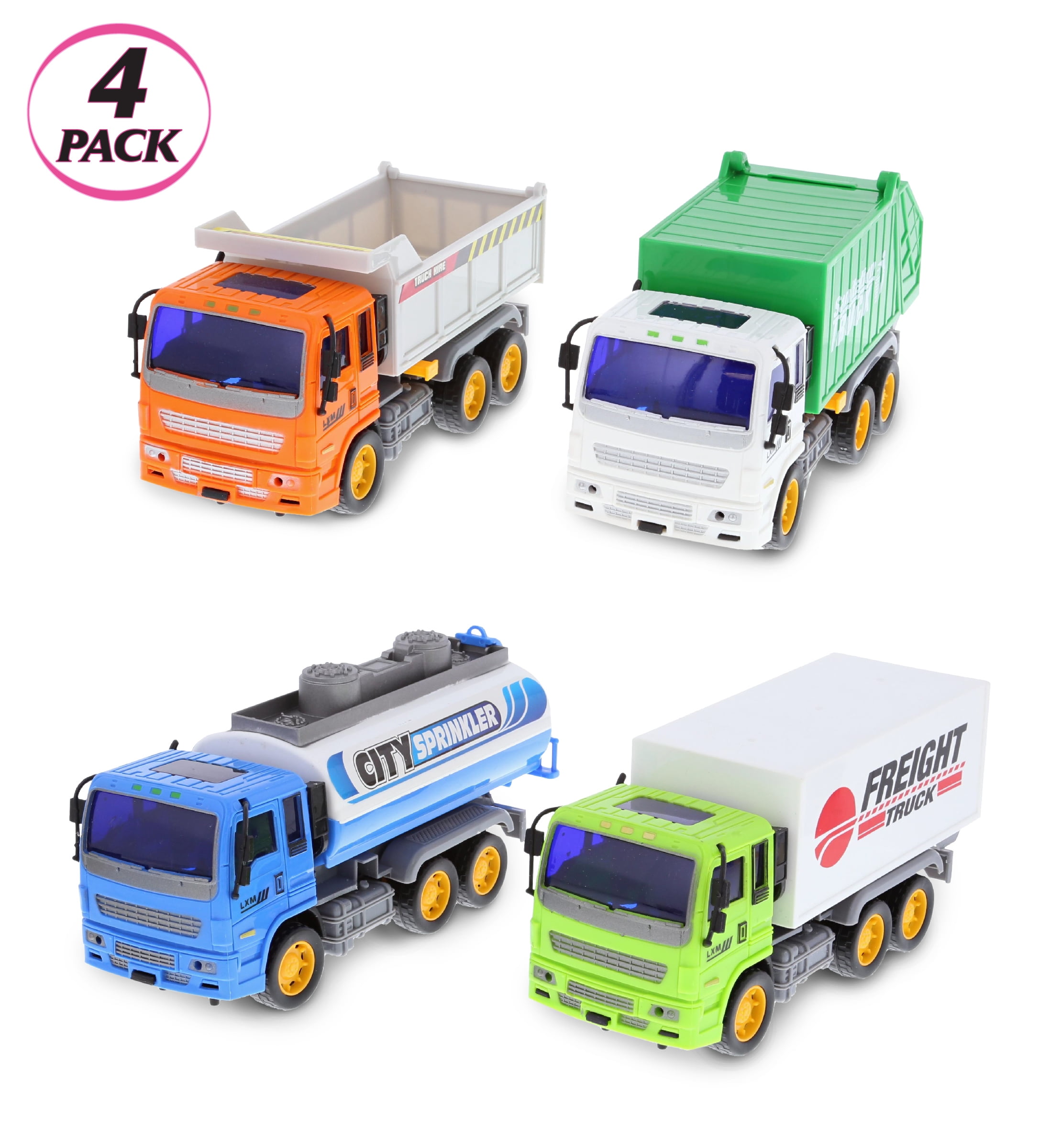 Mozlly Friction Utility Vehicle Pack Includes Freight, Garbage, Water Tank, & Construction Toy