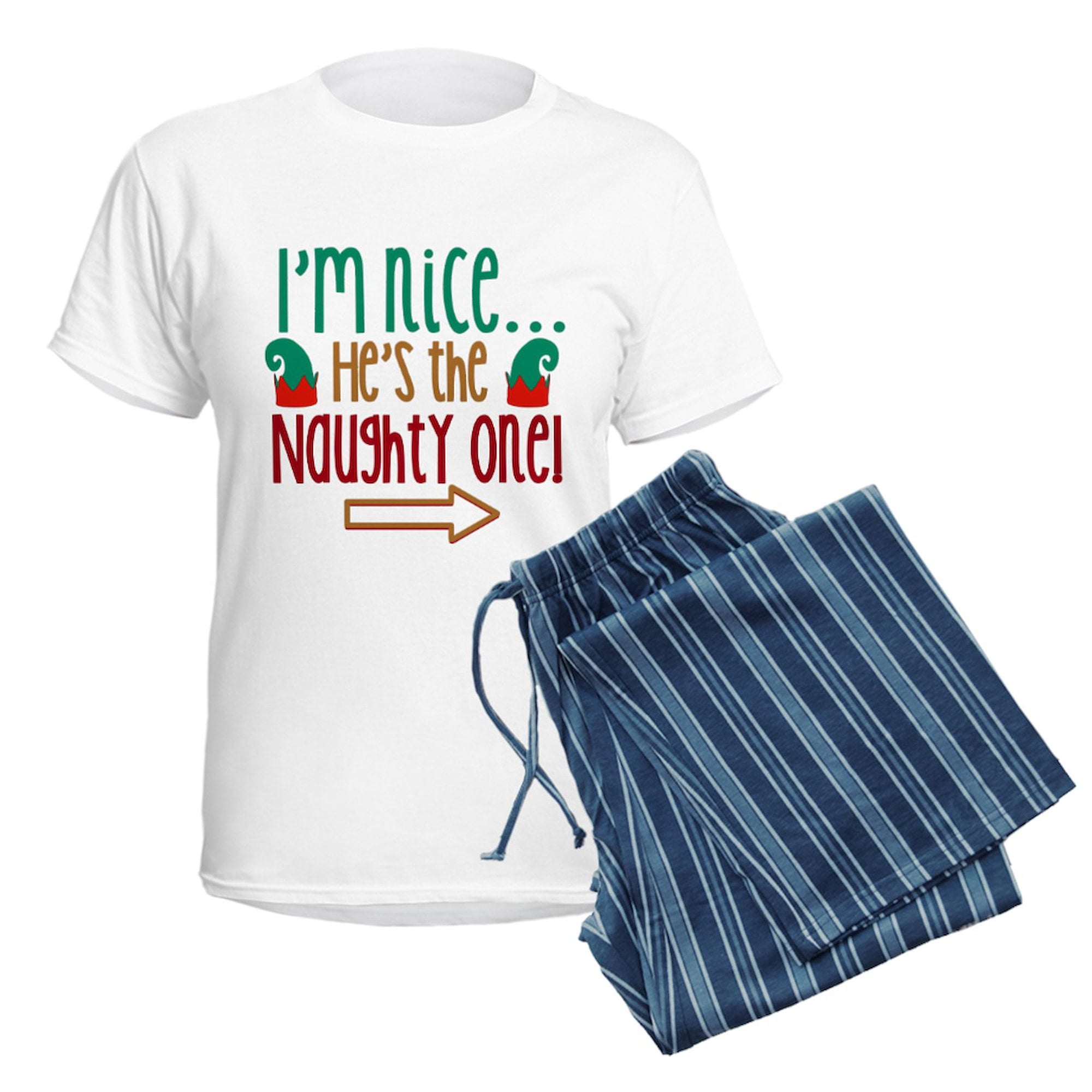 CafePress - Im Nice Hes Naughty Elf Hat Women's Light Pajamas - Women's Short Sleeve Print T-Shirt and Pants Light Cotton Pajama Set