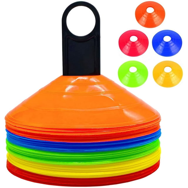 Paquete de 50 conos de disco deportivos, conos de agilidad de plástico, marcadores de conos de campo con soporte para entrenamiento, juegos, baloncesto, fútbol, niños, deportes