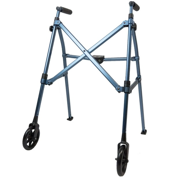 Andador Stander Wonder, ligero y plegable, ahorra espacio y es ideal para adultos y personas mayores. Andador compacto con ruedas de 6 pulgadas y deslizadores para mayor movilidad, color azul cobalto.