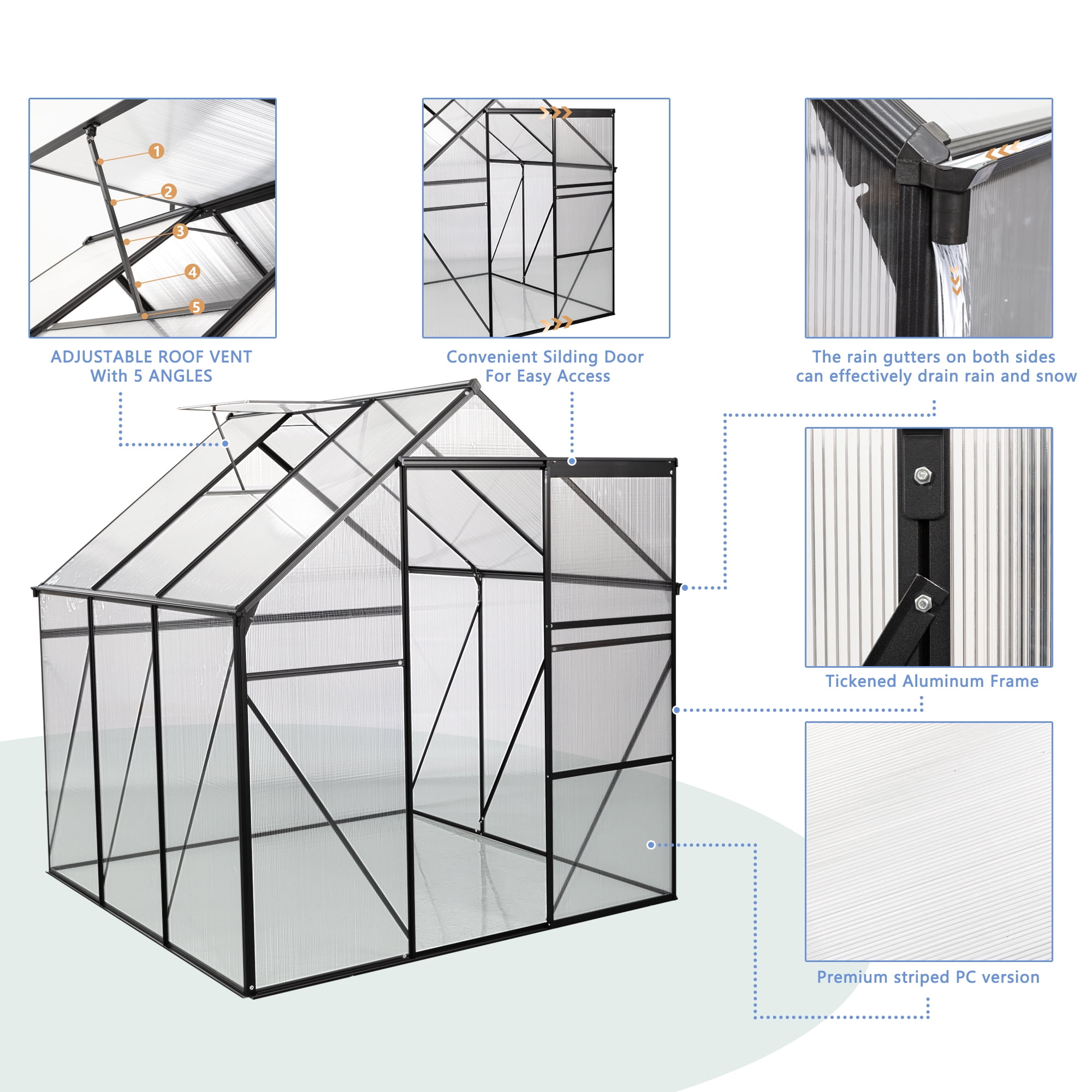 Enyopro Walk in Greenhouse, Garden Greenhouse for Outdoors, Polycarbonate Plant Greenhouse with Slide Door, Anchor and Adjustable Roof Vent, 6x6ft