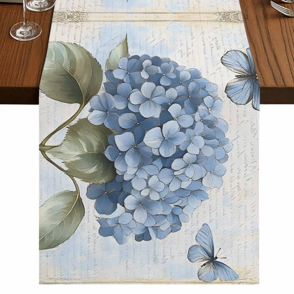 Blue Hydrangea Retro 48 Inch Table Runner, VintageBotanical Floral Blossom Farmhouse Dresser Scarf Cotton & Linen Tablerunner for Dining/Kitchen Island/Holiday Party Décor 13" x 48"