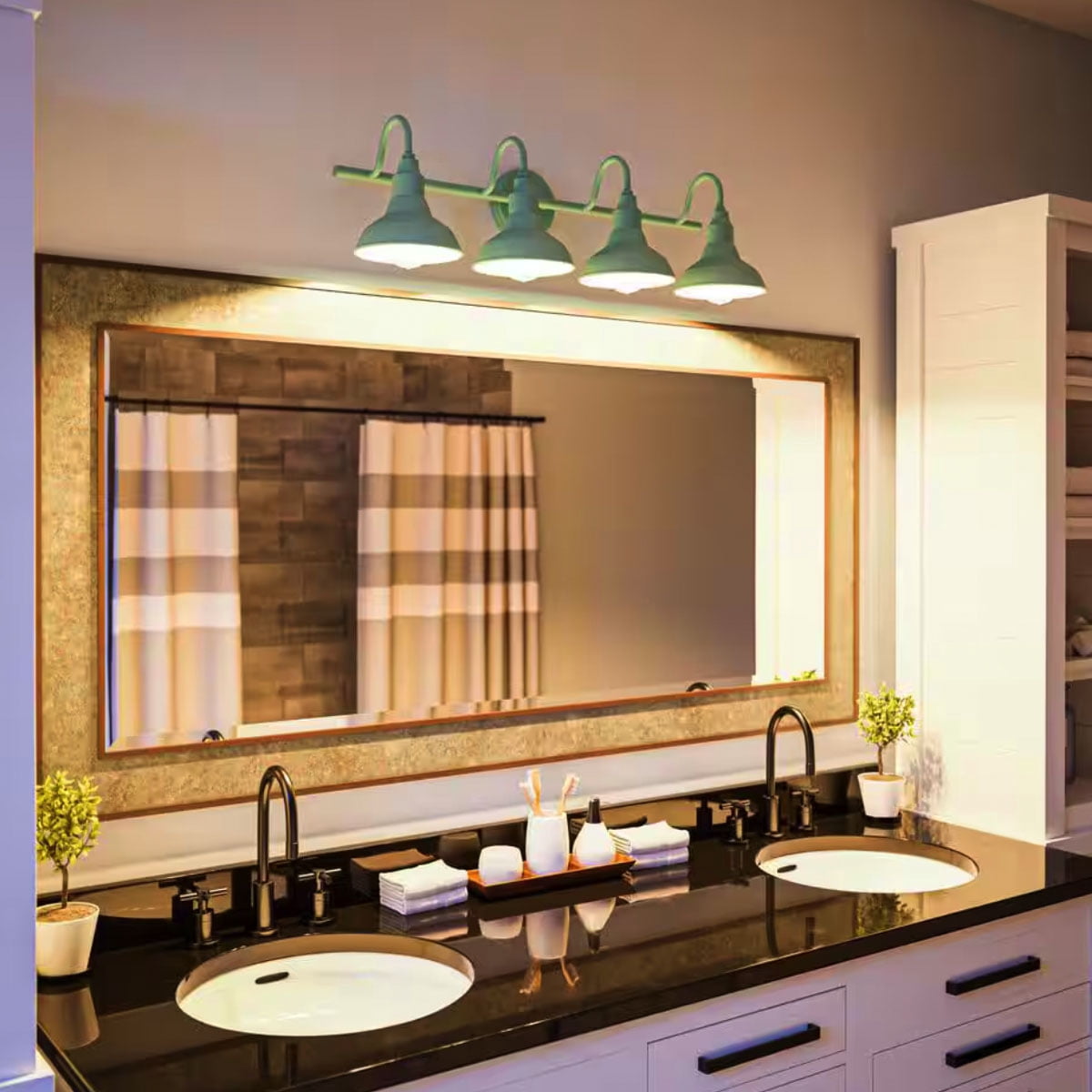 Ceybo Teal 4-Light Bathroom Vanity Light, Rustic Farmhouse Schoolhouse Design, Metal Bell Shades Fixture for Vanities, Hallways & Mirrors