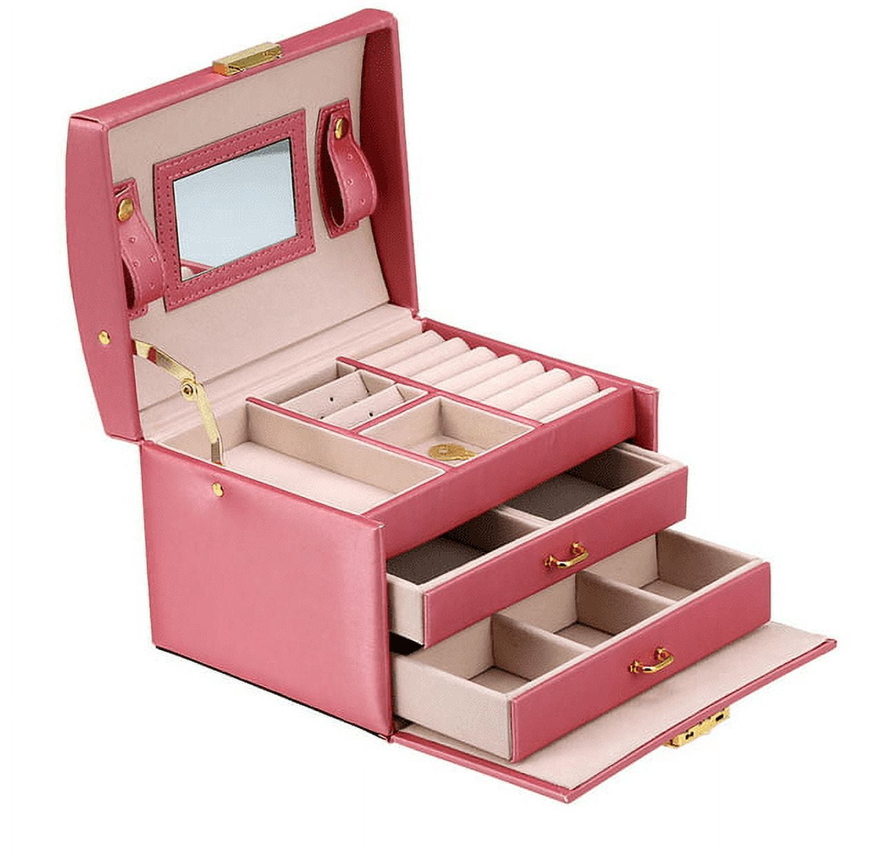 JoyStone 3 Layer Leather Jewelry Box Built-in Mirror, Portable Travel Jewelry Storage Case with Lock, Gift Jewelry Case for Women Girls,Pink