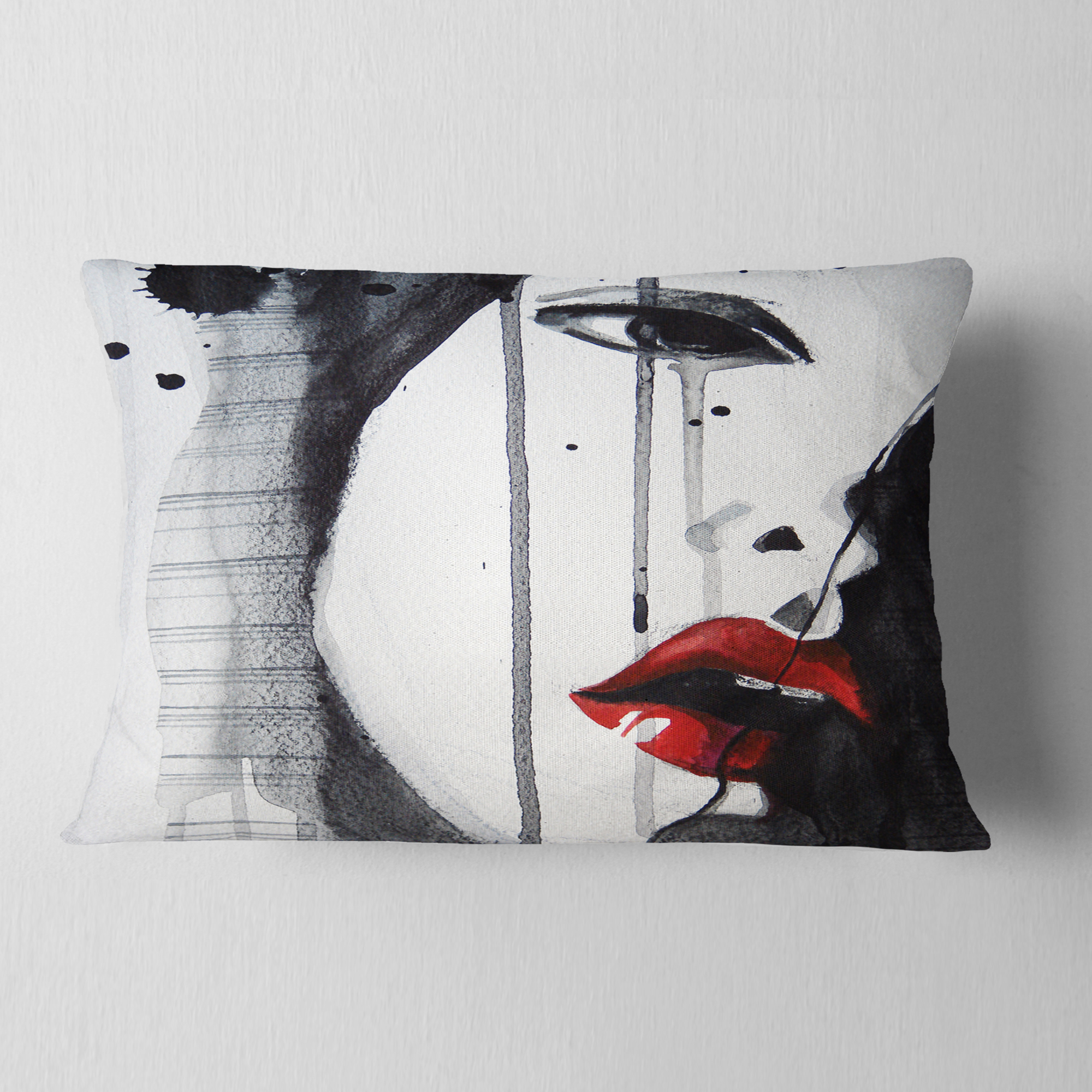 Designart Black Illustrated Girl Close up - Abstract Portrait Throw Pillow - 12x20