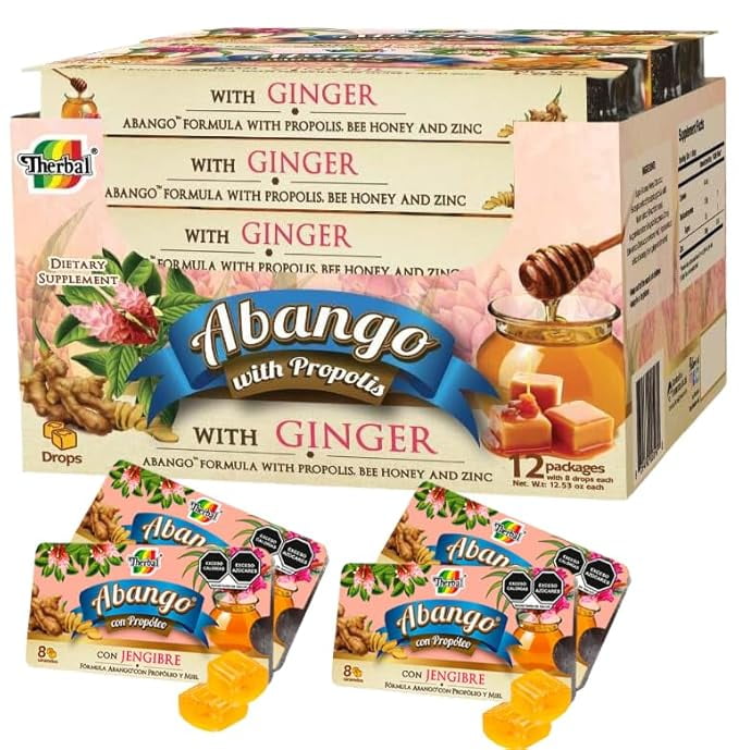 THERBAL-Abango Propolis With Ginger Cough Drops (12-8CT TRAYS/BOX) Caramelos Abango-Jengibre Refrescante Alivia La Tos