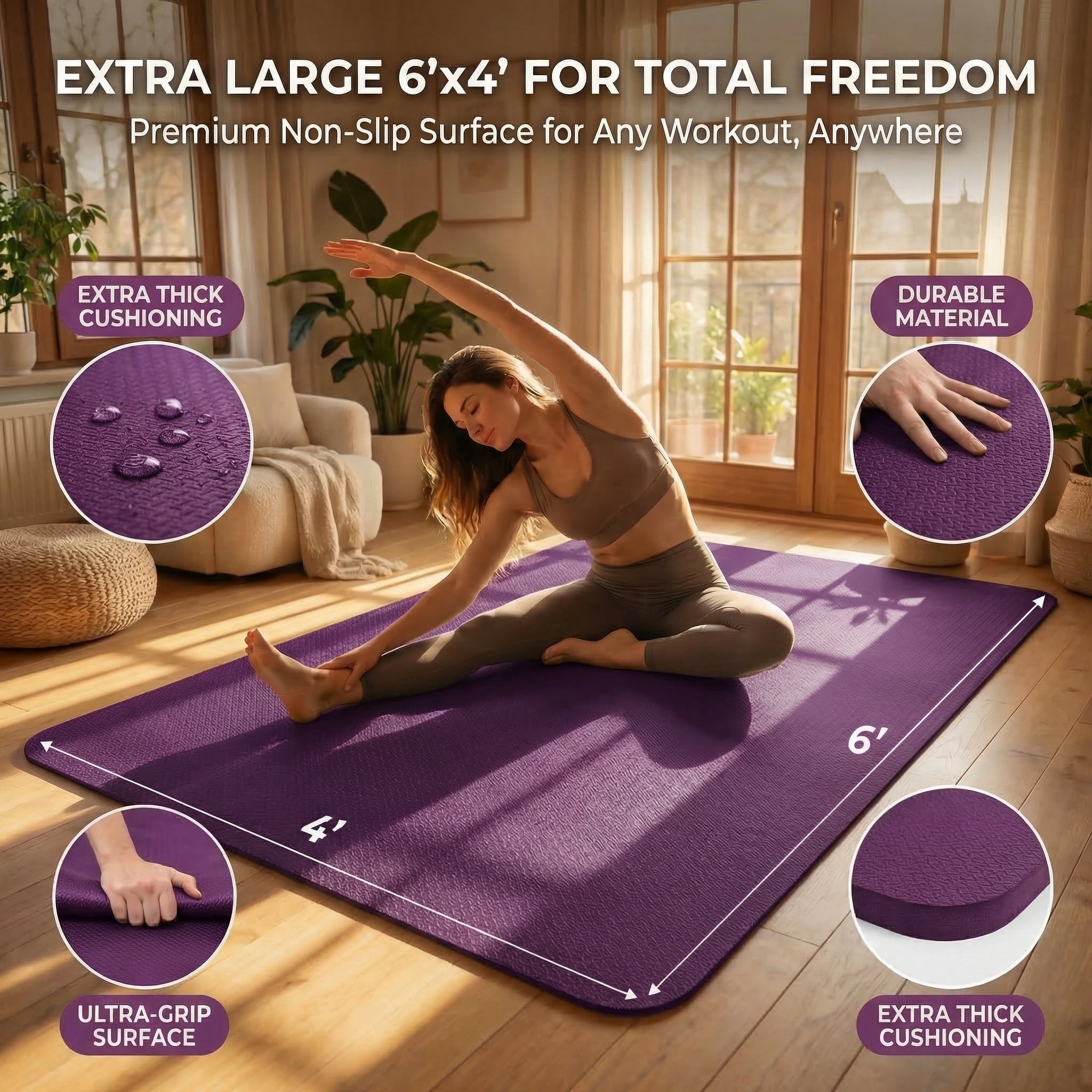 FrenzyBird Large Yoga Mat 6'x4' (72"x48") 183x122cm, 1/4" & 1/3" Thick TPE Non-Slip Extra Wide Exercise Mat, Big Home Workout Mat for Yoga, Pilates, Gym & Floor Workouts for Women & Men（6mm Purple）