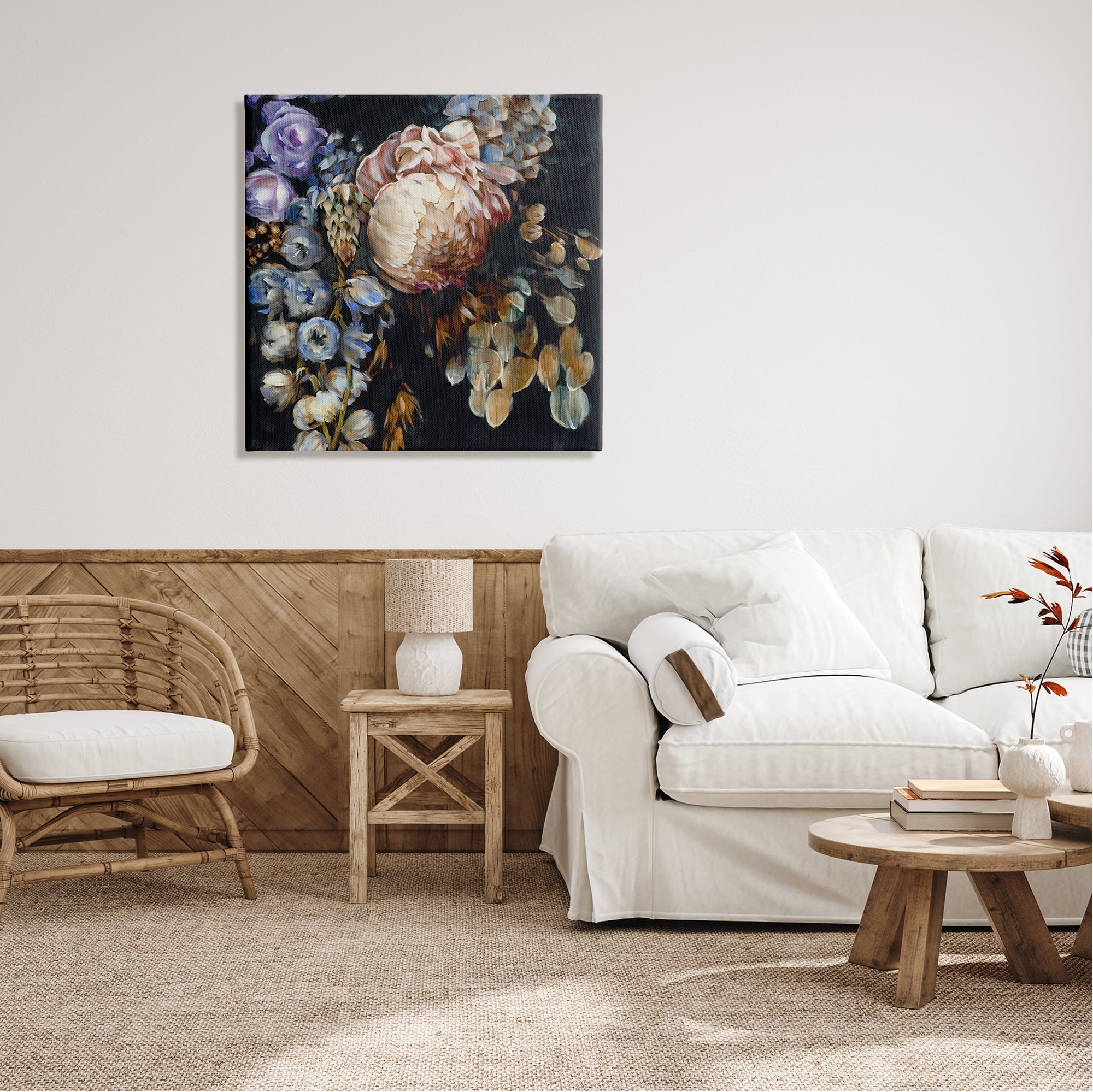 Stupell Industries Vintage Peonies on Black Botanical & Floral Painting Gallery Wrapped Canvas Print Wall Art, 30 x 30