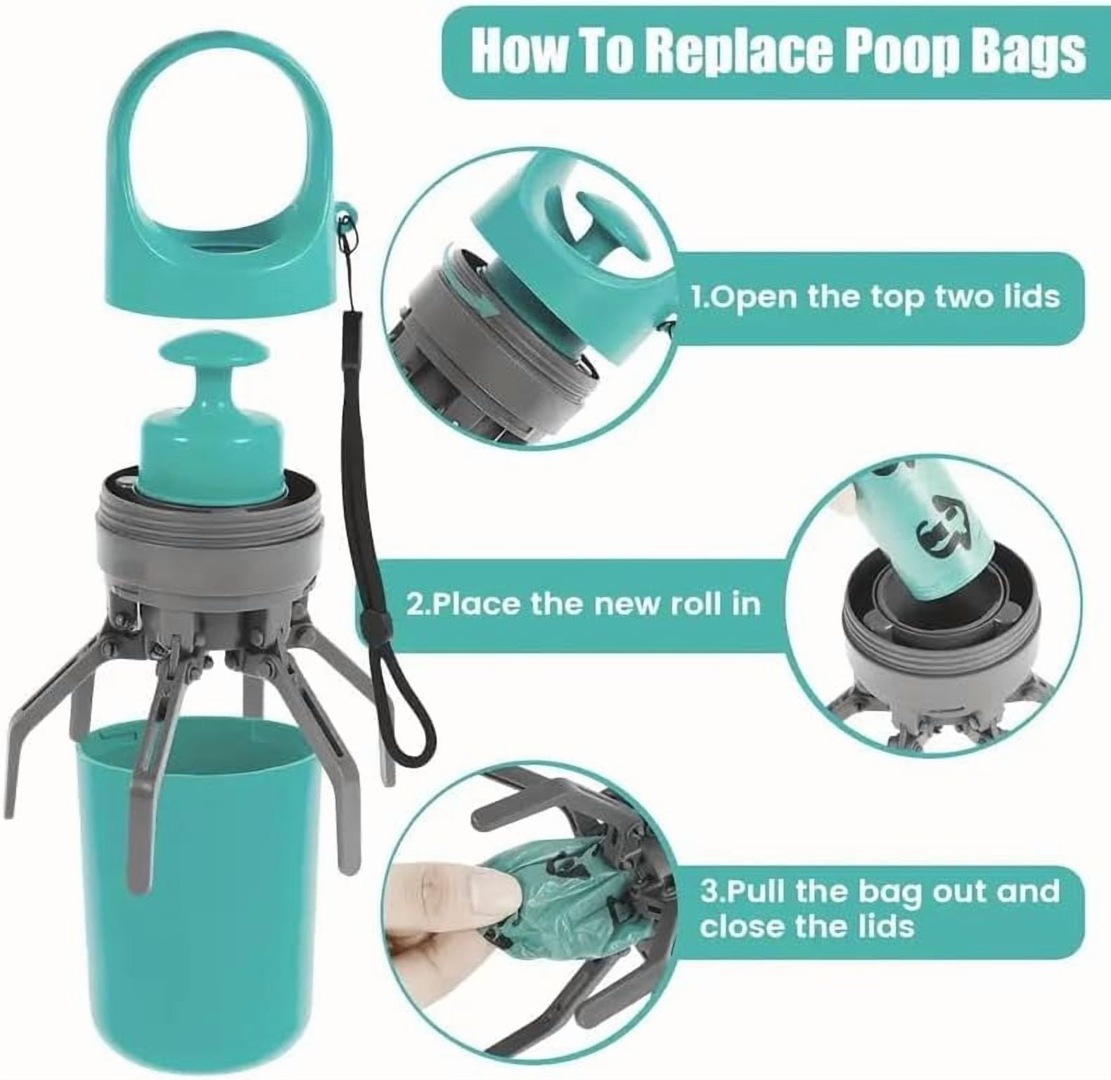 Portable Dog Poop Scooper with 4 Waste Bag Rolls, Hands-Free 6-Claw Pet Waste Pickup Tool, Teal/Gray Sanitary Poop Catcher with Built-in Bag Dispenser for Outdoor Dog Walking