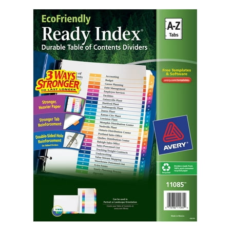 - Avery Customizable Table of Contents EcoFriendly Dividers, Ready Index Printable Section Titles, 26 Preprinted A-Z Multicolor Tabs, 1 Set (11085)
