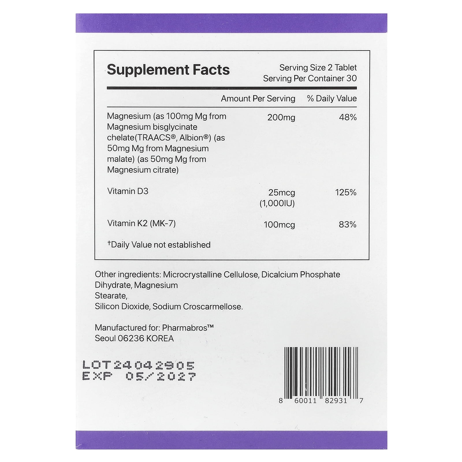 YDY Chelated Magnesium With K2, 60 Tablets