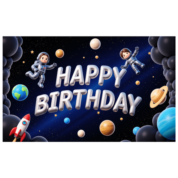 Space Theme Happy Birthday Banner Astronaut Design Galaxy Balloon Backdrop for Kids Birthday Party Decoration