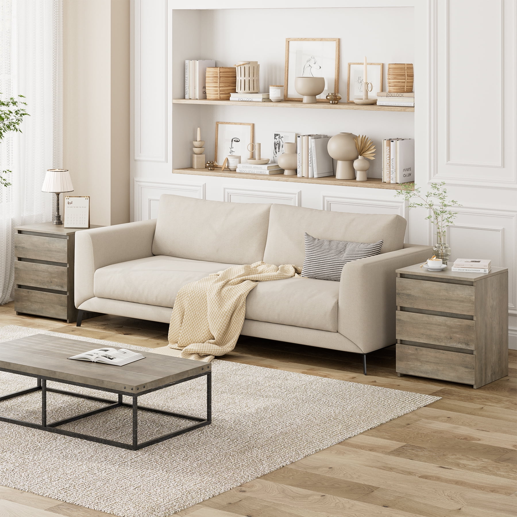 Homfa 3 Drawers Nightstand Set of 2, Small Sofa Table, Wooden Storage Cabinet for Living Room, Gray Finish