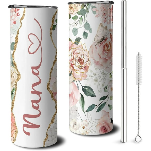 20 oz Nana Skinny Tumblers with Lid and Straw, Stainless Steel Vacuum Insulated Travel Coffee Mug Cup Water Bottle, Grandmas Birthday Gifts for Grandmother