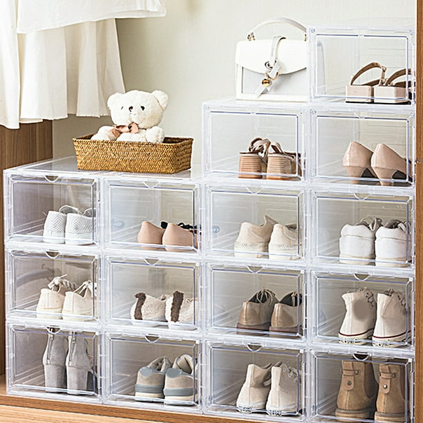 Neinkie Shoe Organizer Storage Boxes For Closet Clear Plastic Stackable Shoe Storage Bins With Drawers & Lids, Clothes Kids Toy Under Bed Shoe Storage