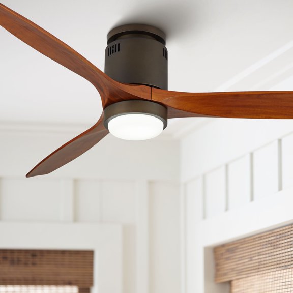 52" Casa Vieja Modern 3 Blade Low Profile Hugger Indoor Ceiling Fan with Light LED Dimmable Remote Bronze Walnut Wood House Bedroom Home
