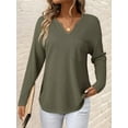 thumbnail image 4 of Womens Tops Waffle Knit Long Sleeve Notched V Neck Shirts Casual Trendy Solid Color Loose Blouses Army Green L, 4 of 8